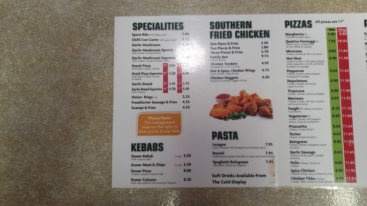 Menu at Dario's fast food, Knottingley