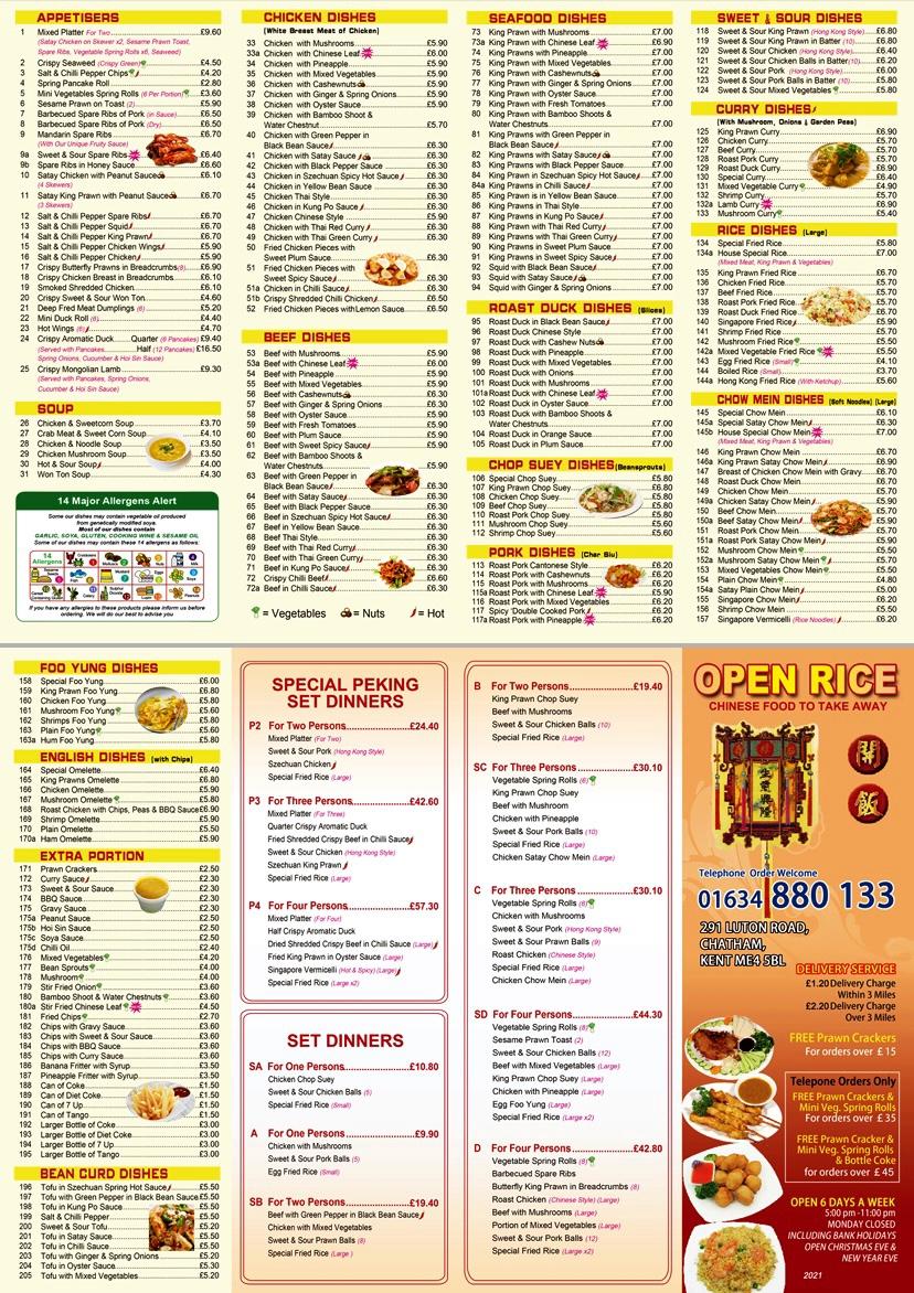 Menu at Open Rice fast food, Chatham