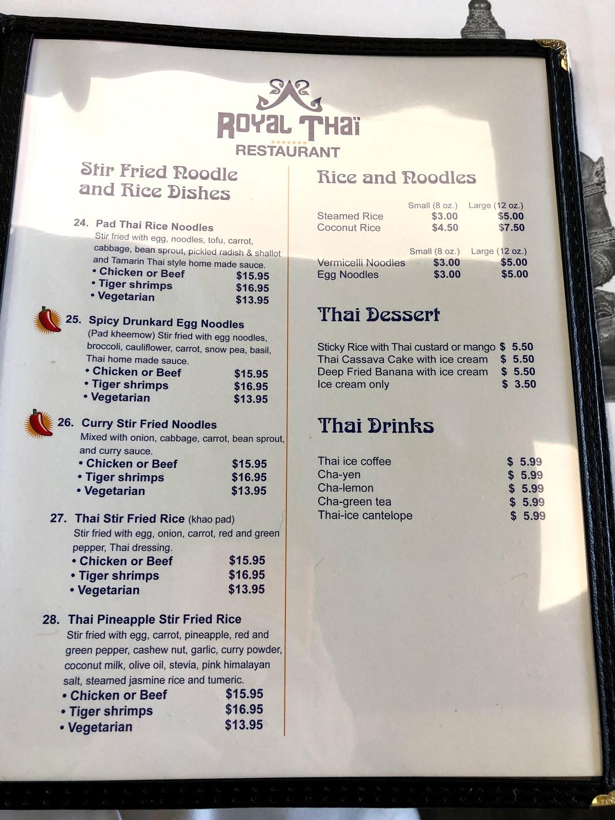 Menu at Royal Thai restaurant, Riverview