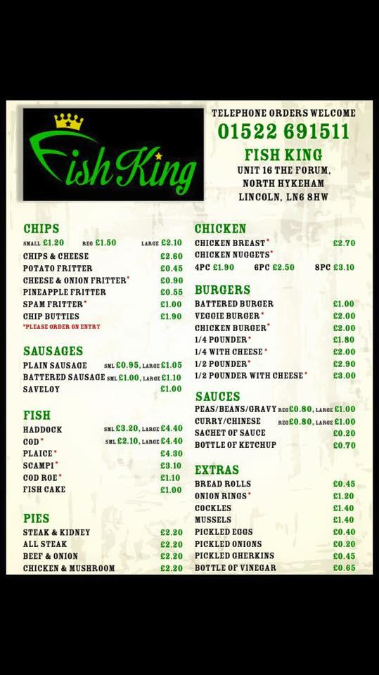 Menu at The Fish King fast food, Lincoln, 16 The Forum