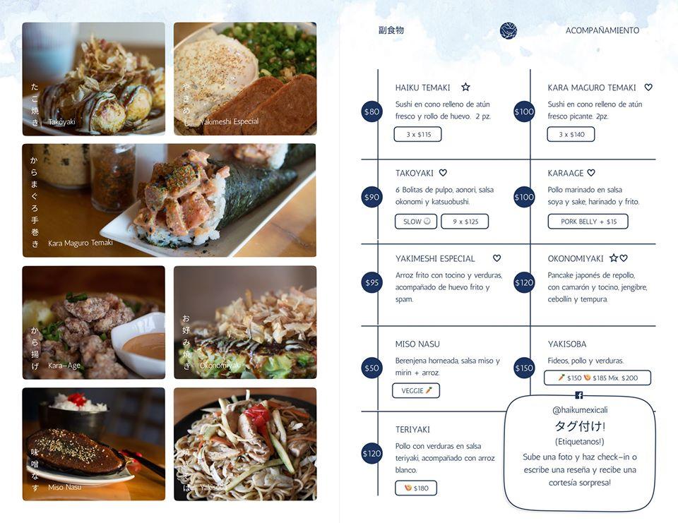 Carta del restaurante Haiku Comida + Cultura Japonesa, Mexicali