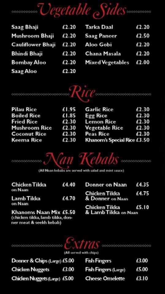 Menu at Khanoms Indian takeaway fast food, Castleford, 94 Leeds Rd