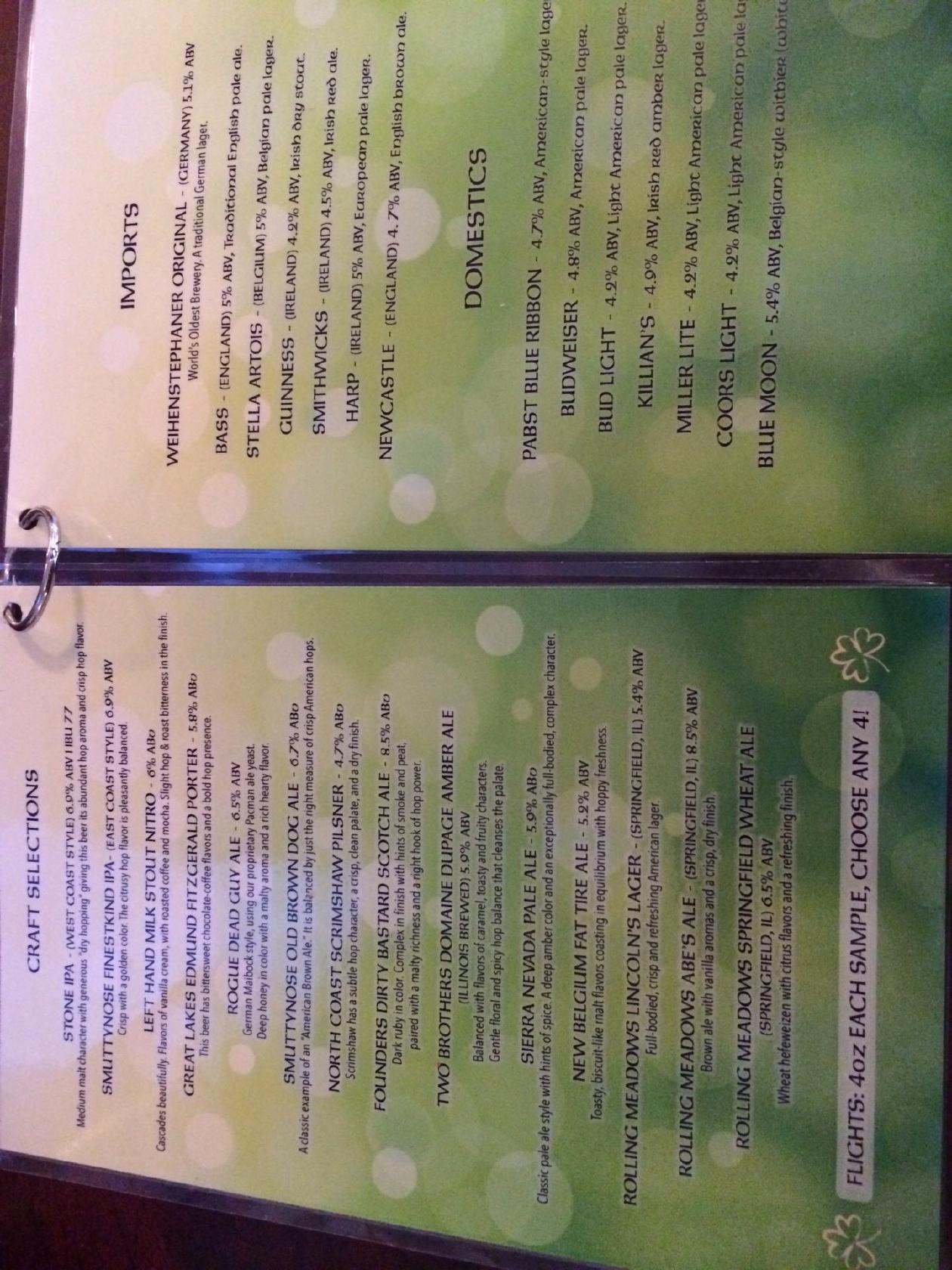 Menu at The Barrel Head, Springfield