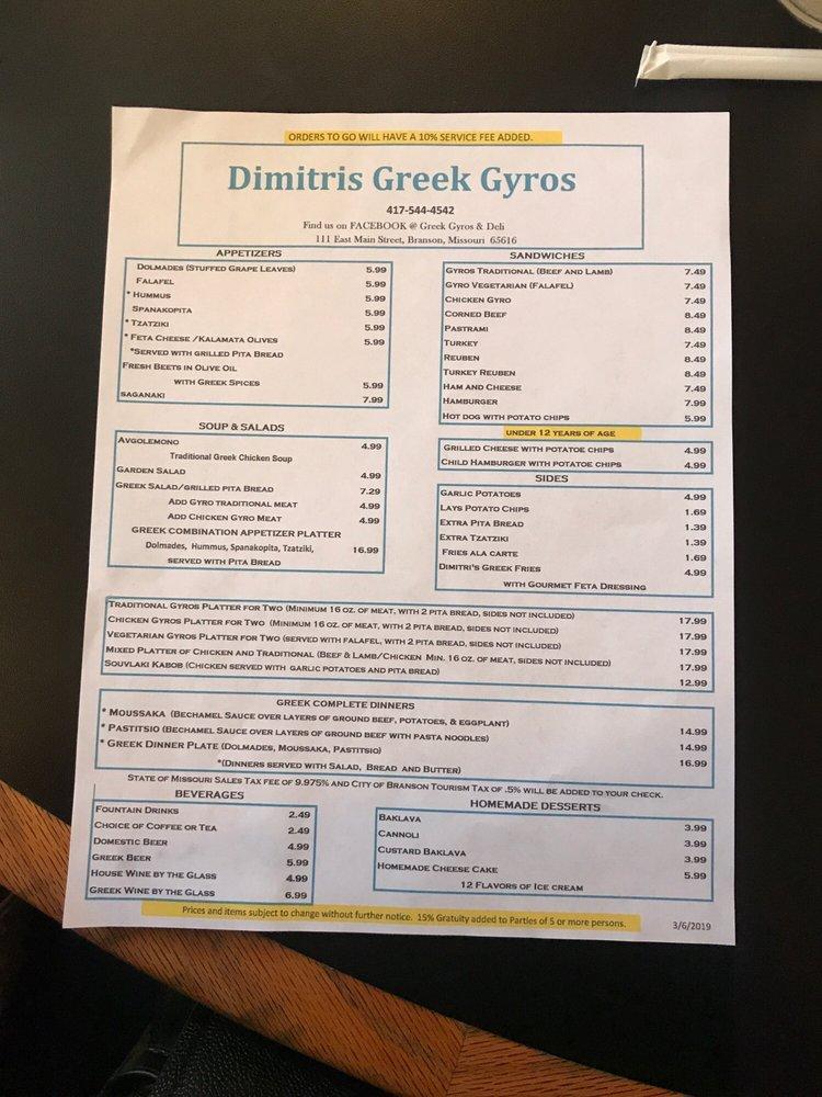 Menu At Dimitri S Greek Gyros Restaurant Branson