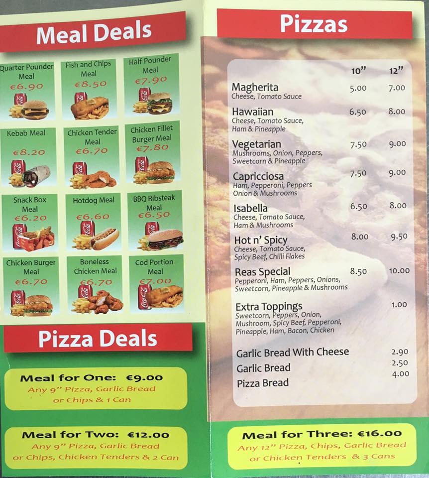 Menu at Reas Takeaway Kilcullen restaurant, Kilcullen