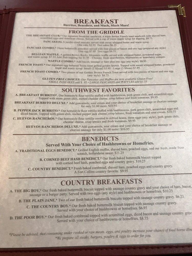 Menu at The Breakfast Club, Fort Collins