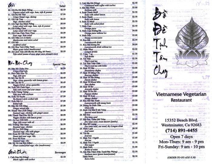 Menu at Bồ Đề Tịnh Tâm Chay restaurant, Westminster