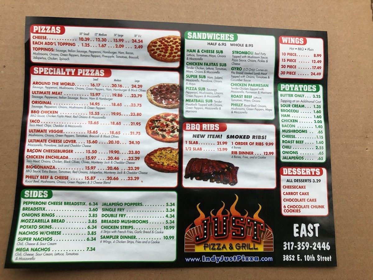 Menu at Just Pizza pizzeria, Indianapolis, E 10th St