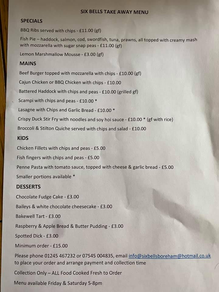 Menu At Six Bells Pub & Bar, Chelmsford