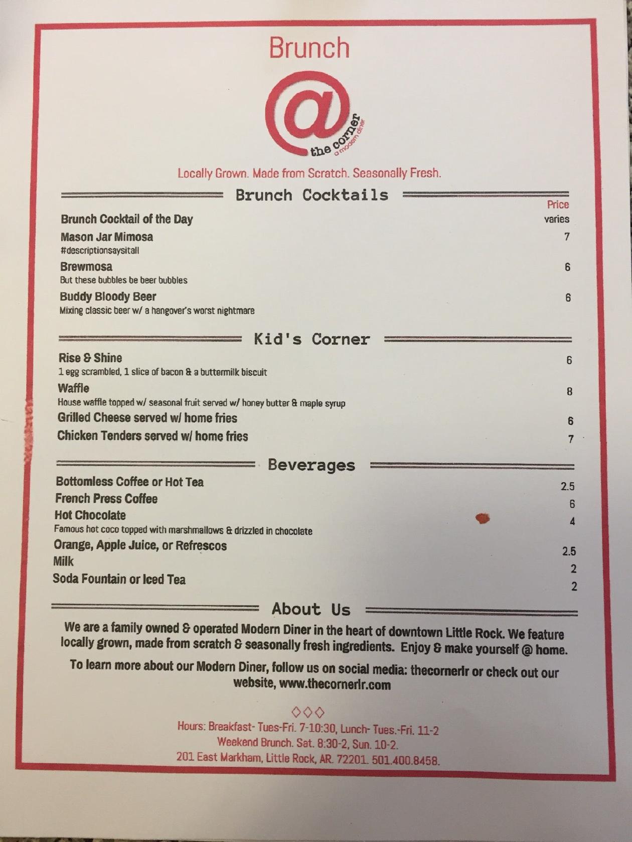Menu at The Corner Diner Little Rock cafe, Little Rock, 201 E Markham St