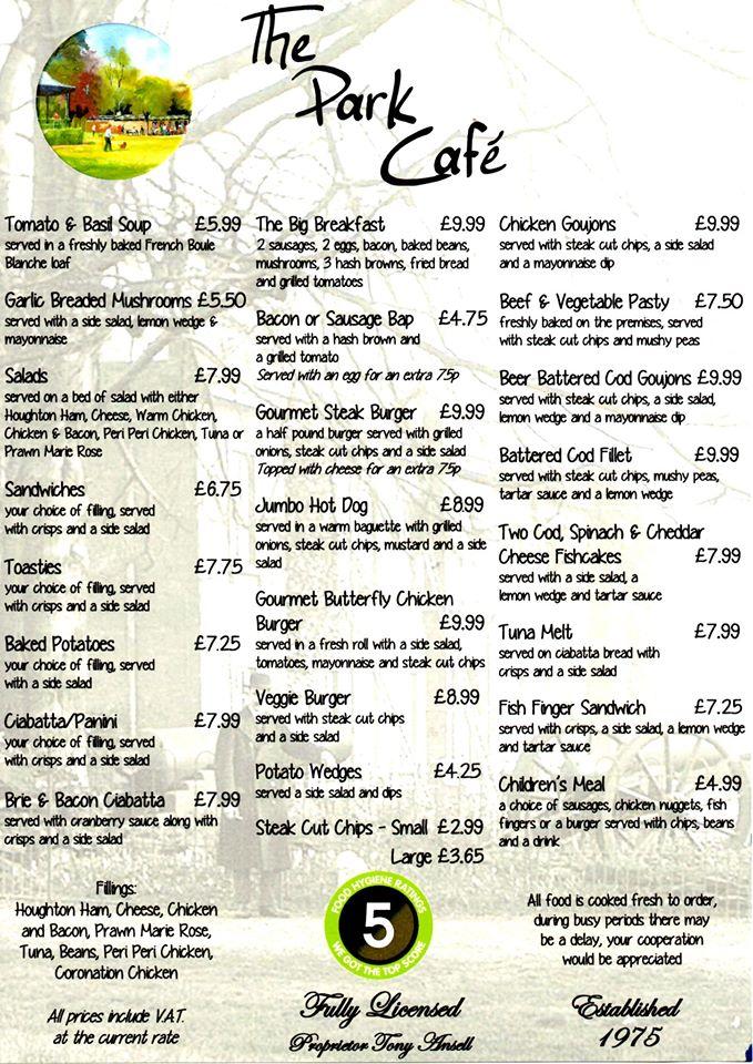 Menu at The Park Cafe, Northampton