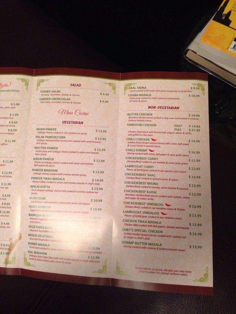 Menu at Curry Corner restaurant, Edmonton