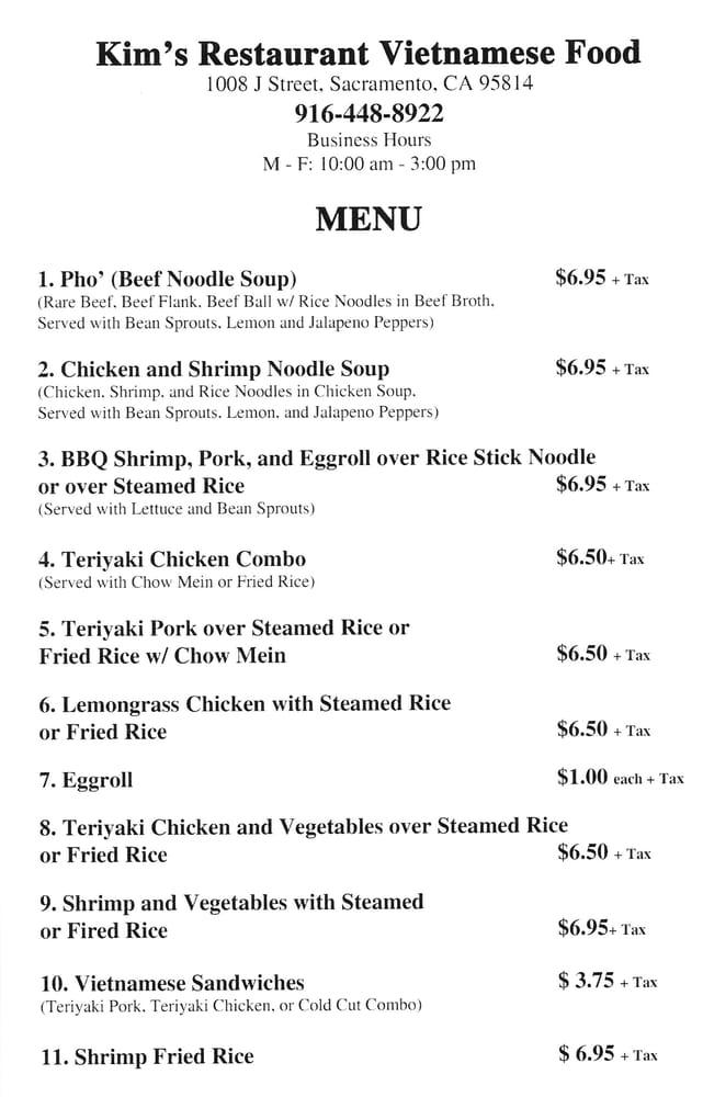 Menu at Kim’s Restaurant, Sacramento