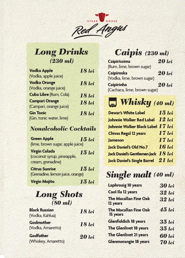 Menu at Red Angus Steakhouse, Bucharest, Strada Piața Amzei 1022