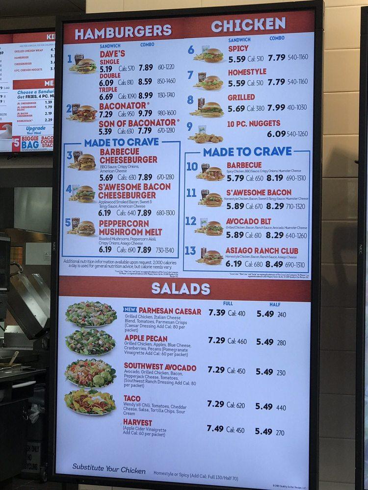 Menu at Wendy's fast food, New York City, 6111 Fresh Pond Rd