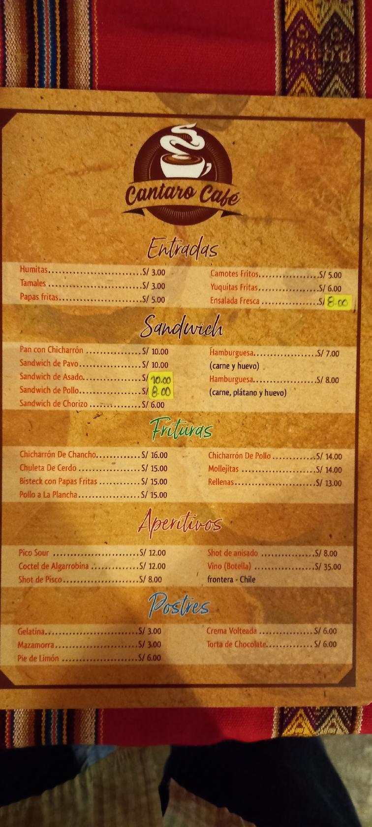 Menu at El Cántaro Cafe, Lambayeque