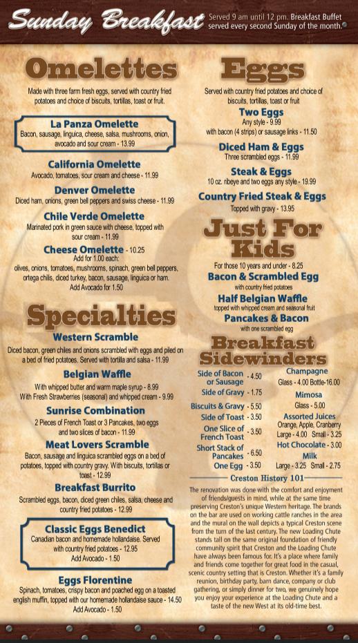 Menu at Loading Chute Restaurant and Barn, Creston