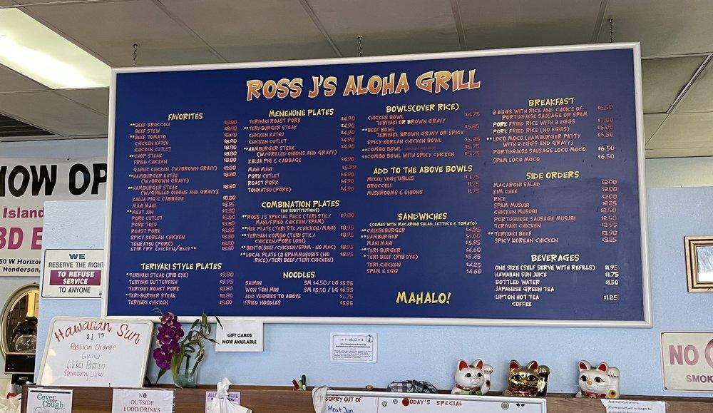 Menu at Ross J's Aloha Grill restaurant, Henderson, Sunset Rd