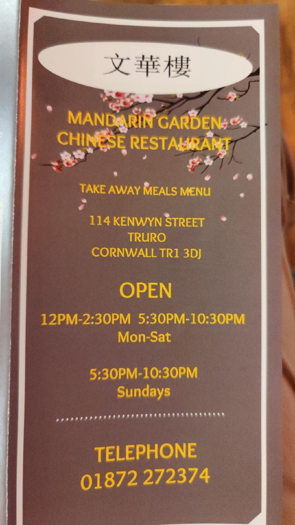 Menu at Mandarin Garden Chinese Restaurant, Truro