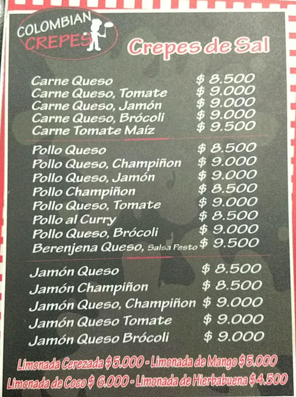 Menu at Colombian Crêpes restaurant, Bogotá, Cl 11A 73a19