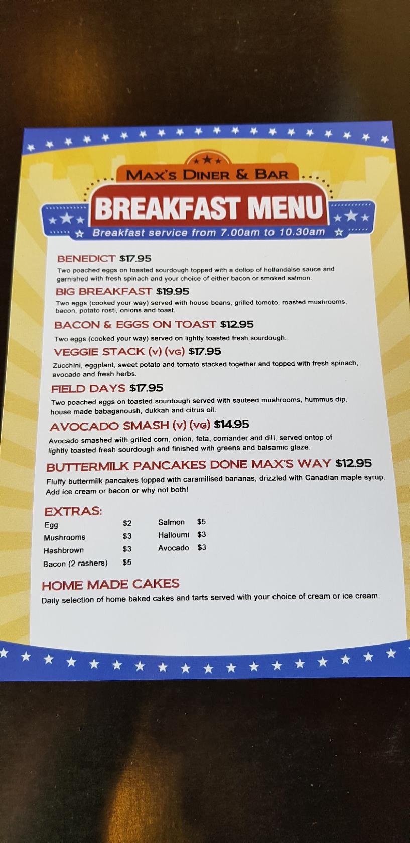 Menu at Max's Diner and Bar, Narangba
