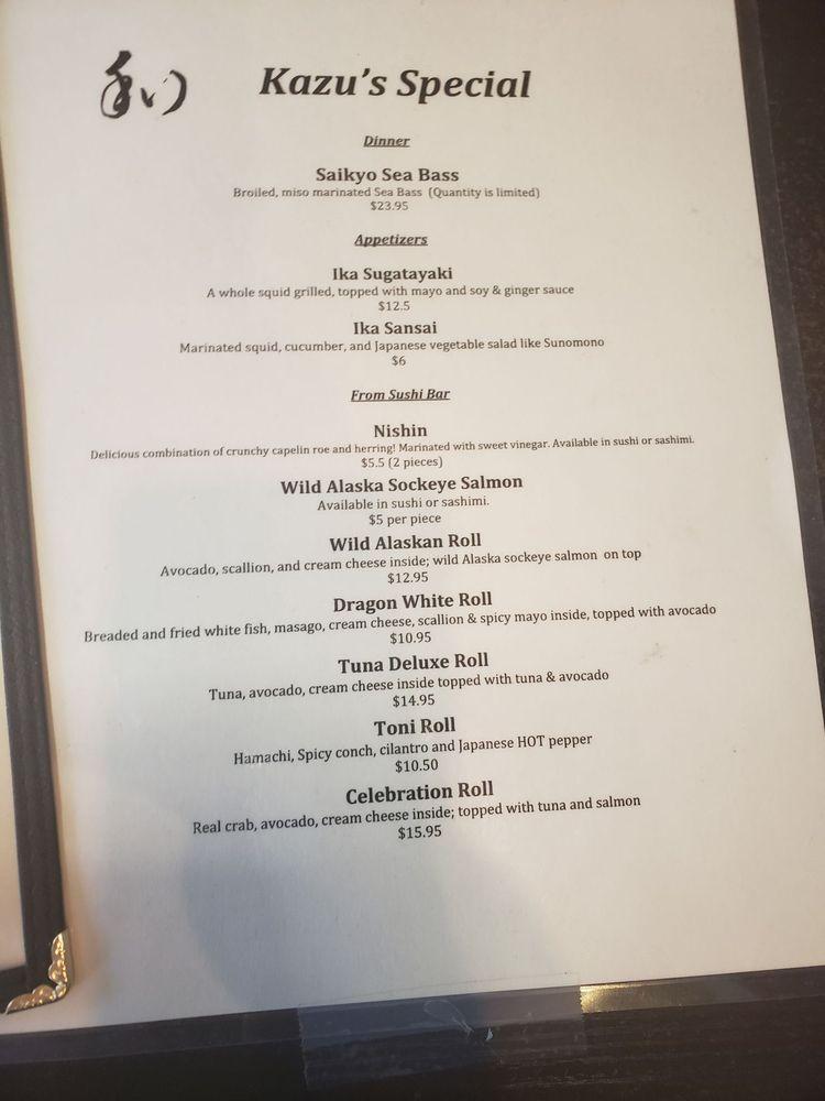 Menu at Kazu Japanese Restaurant, Stuart
