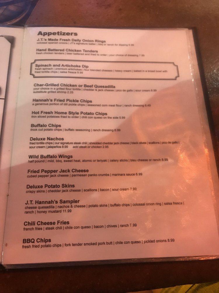 Menu at JT Hannah's Kitchen pub & bar, Pigeon