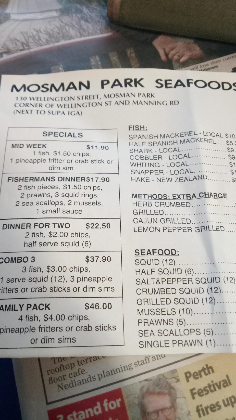 Menu at Mosman Park Seafoods restaurant, Mosman Park