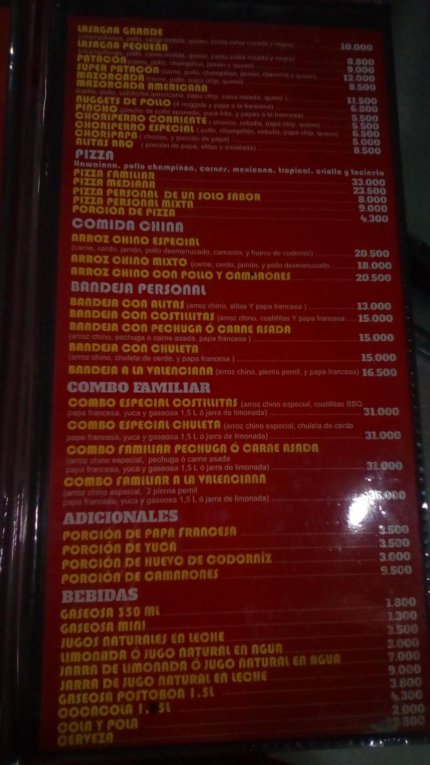 Menu at Pizzeria laguna, Bogotá