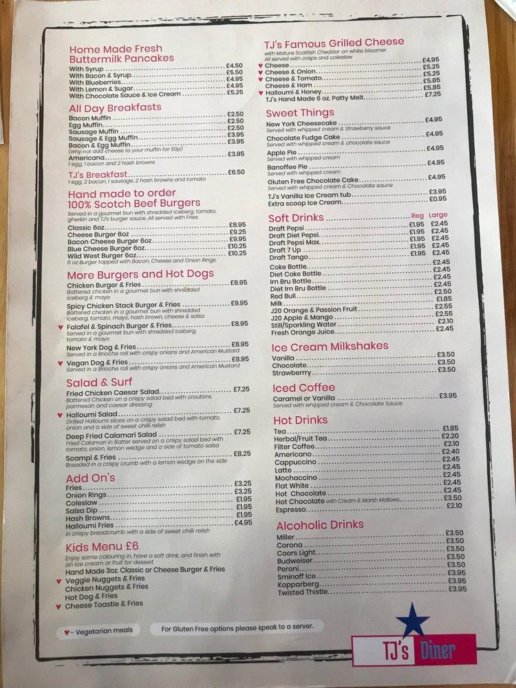 Menu at TJ's Diner restaurant, Tyndrum