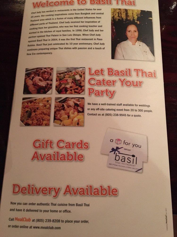 Menu at Basil Thai Restaurant, Paso Robles