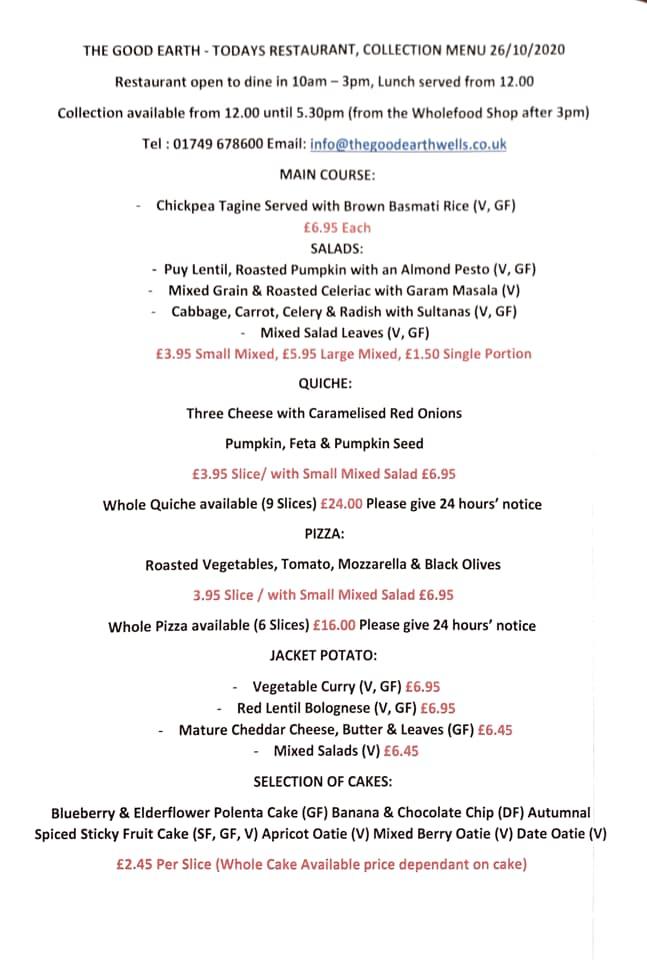 Menu at The Good Earth restaurant, Wells