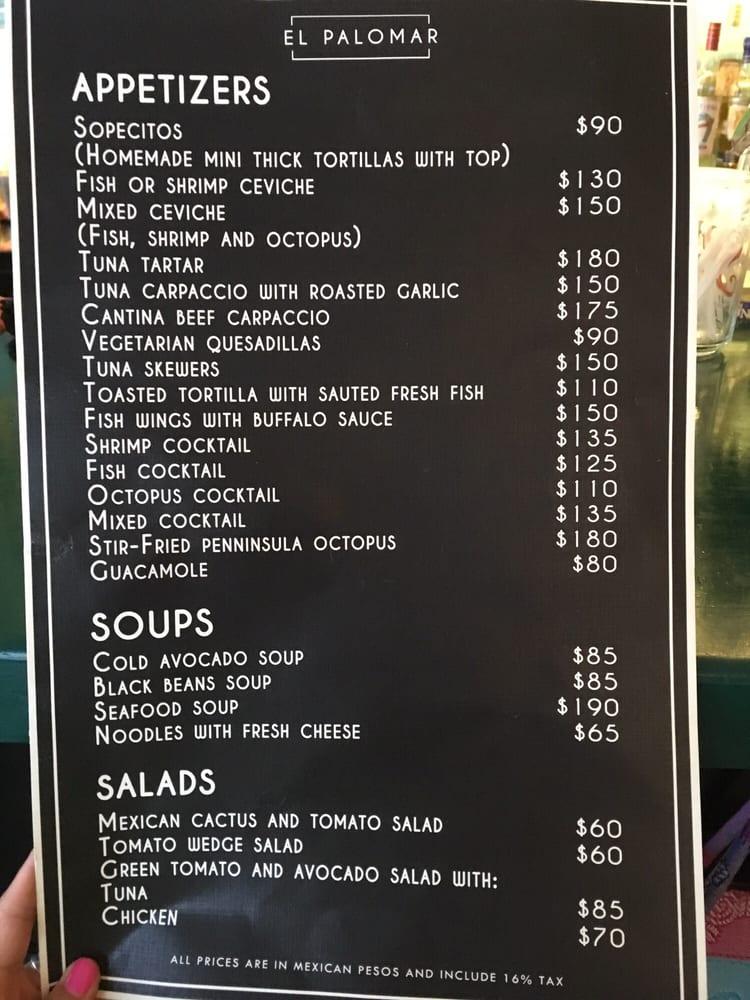 Carta de Restaurante El Palomar Cozumel, Cozumel