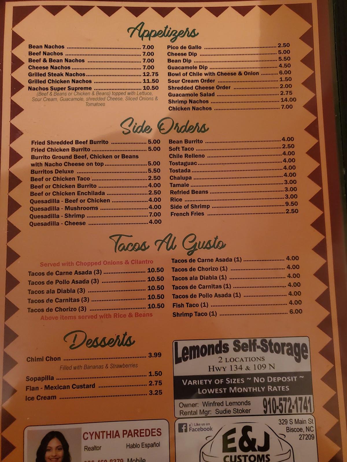 Menu at Casa Mexicana restaurant, Biscoe