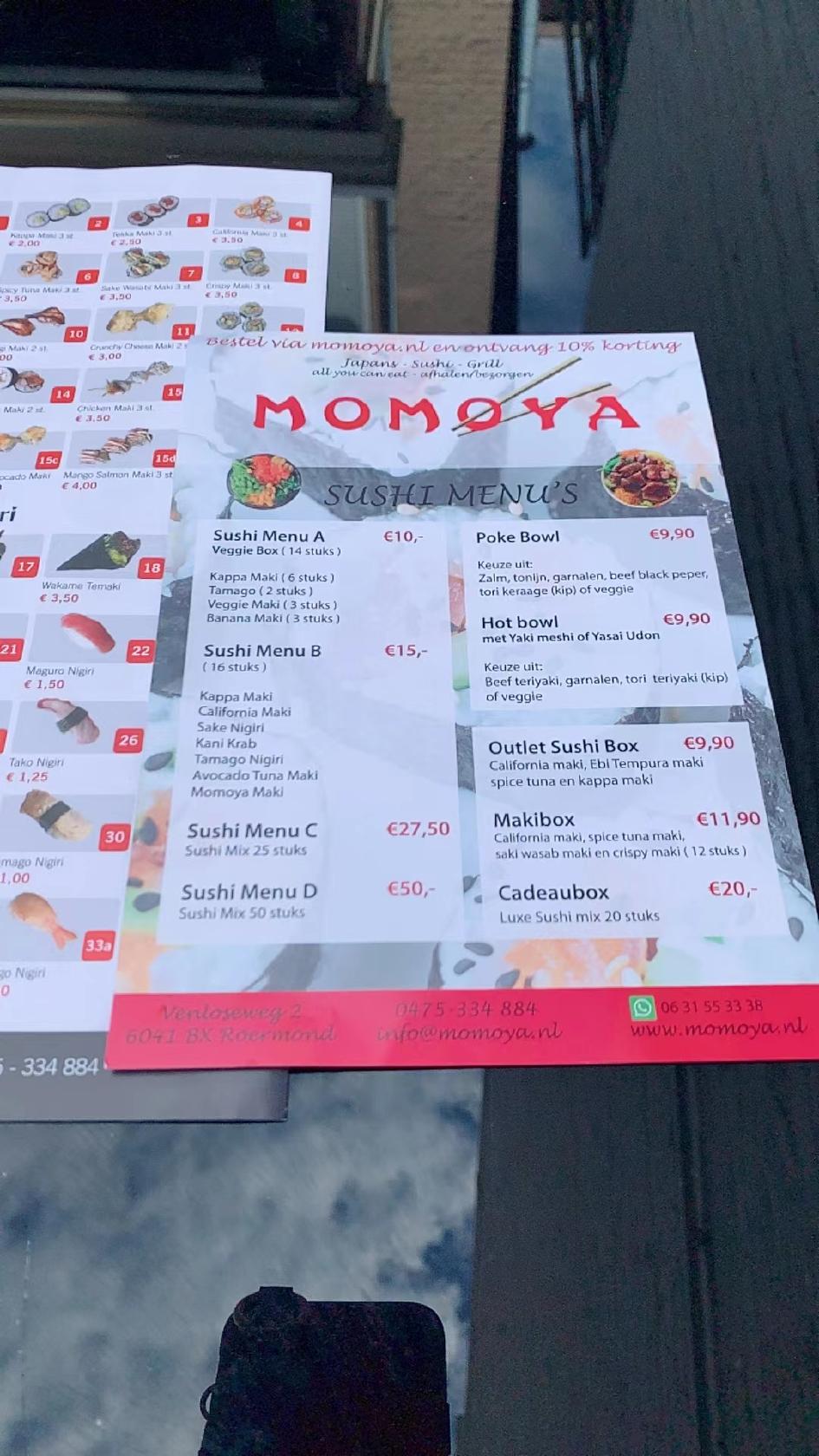 Menu at Momoya Roermond, Roermond