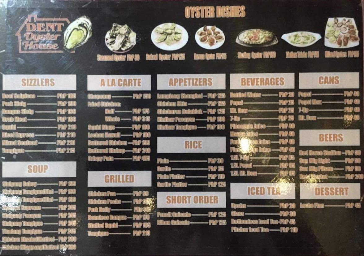 Menu at Dent Oyster House restaurant, Iloilo City