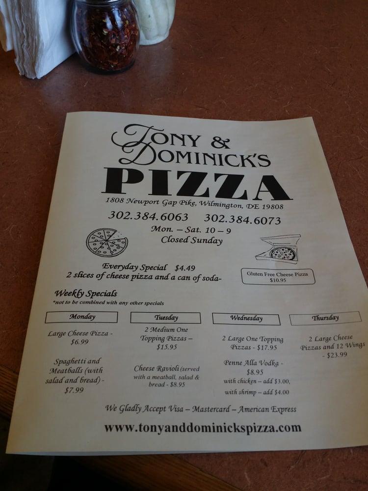 Menu at Tony and Dominick's Pizza pizzeria, Wilmington