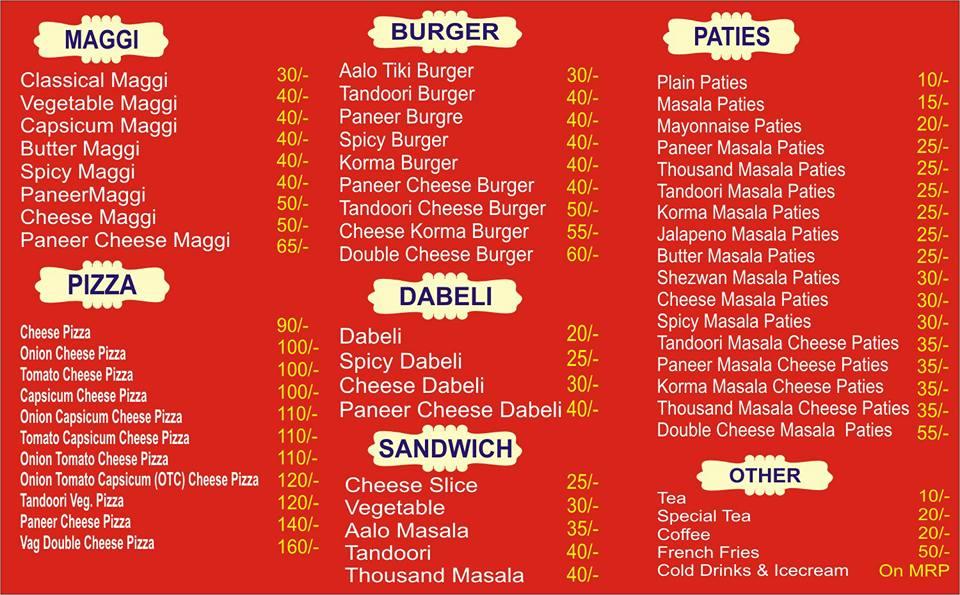 Menu at Bhukkad fast food corner, Kota