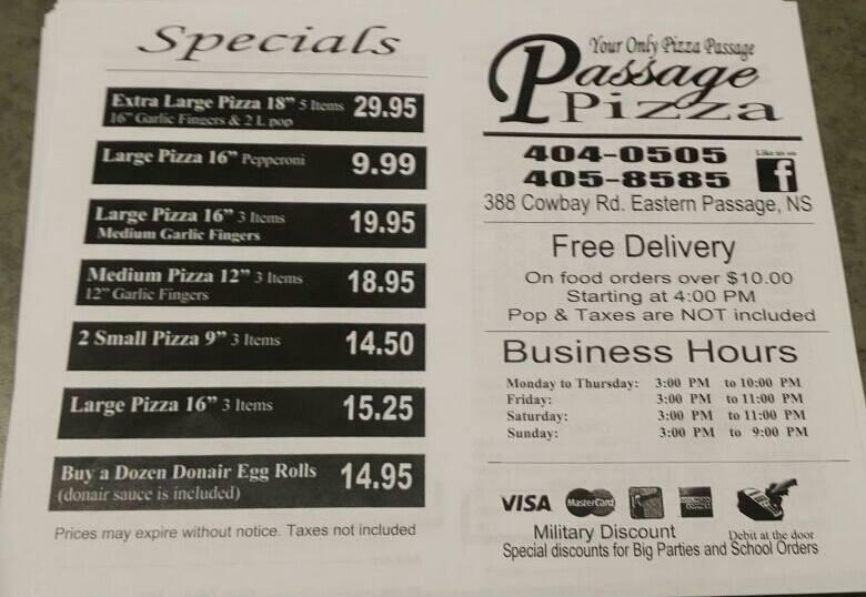 Menu at Passage Pizza pizzeria, Eastern Passage, Shore Rd