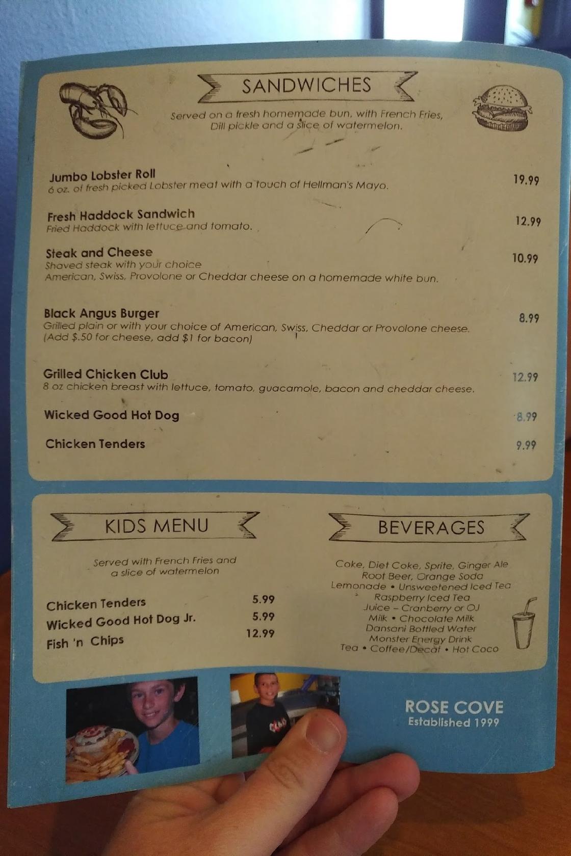 Menu at Rose Cove Ogunquit restaurant, Ogunquit
