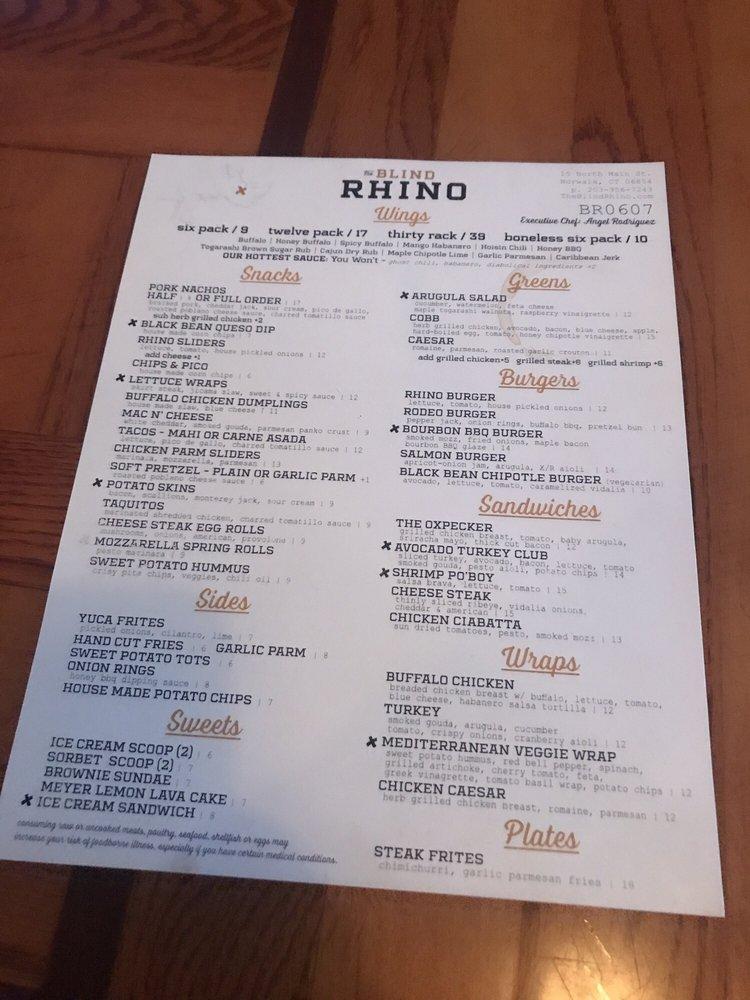 Menu at The Blind Rhino pub & bar, Norwalk