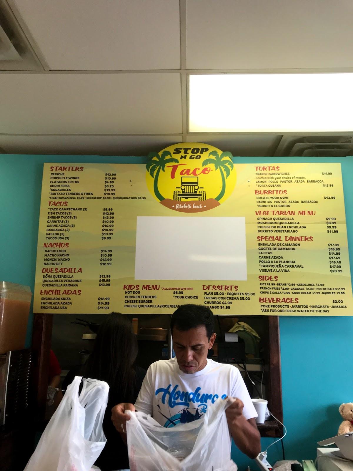 Menu at Stop N Go Taco restaurant, Rehoboth Beach