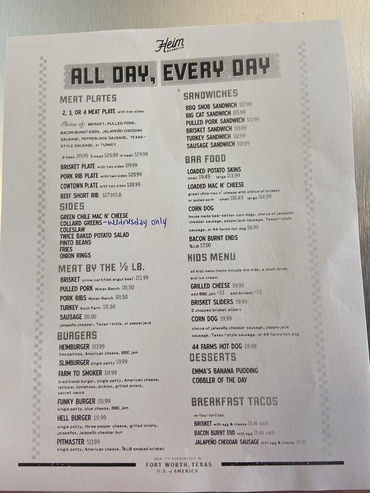 Menu at Heim Barbecue on Mockingbird, Dallas