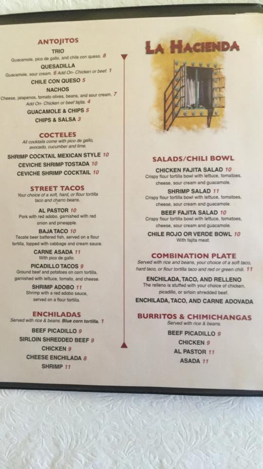 Menu at La Hacienda steakhouse, Moriarty, 5 Carl Cannon Ranch Rd