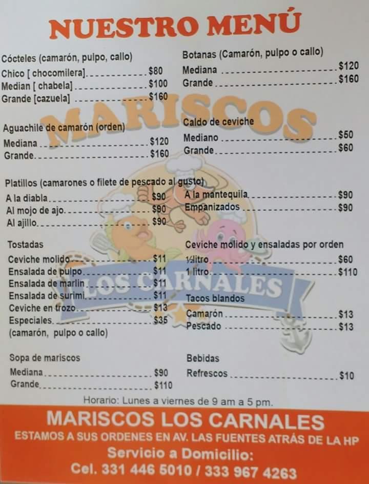 Menu at Mariscos Los Carnales restaurant, Tlaquepaque, Las Fuentes