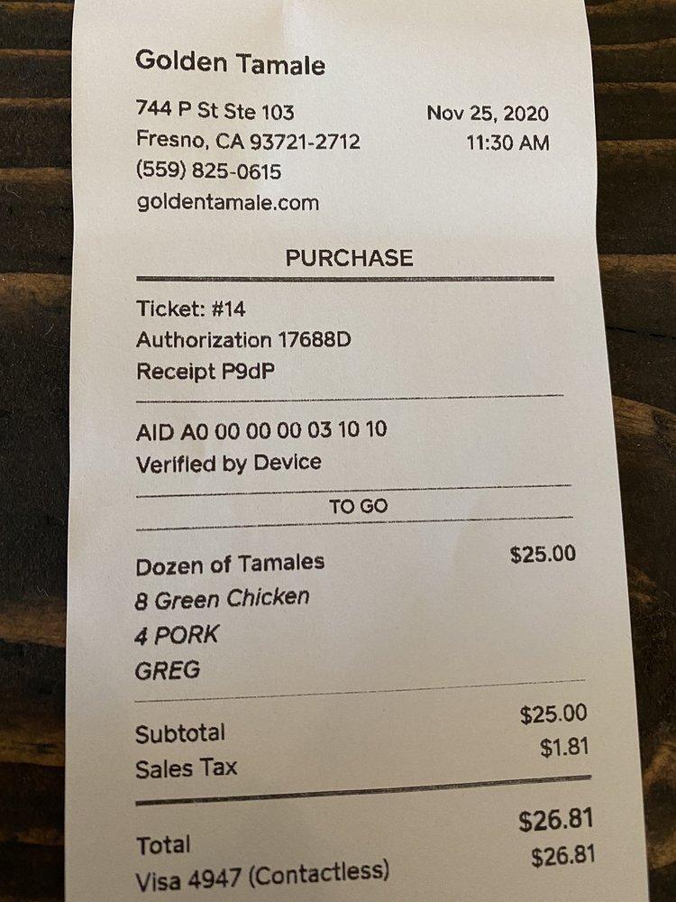 Menu at Golden Tamale restaurant, Fresno
