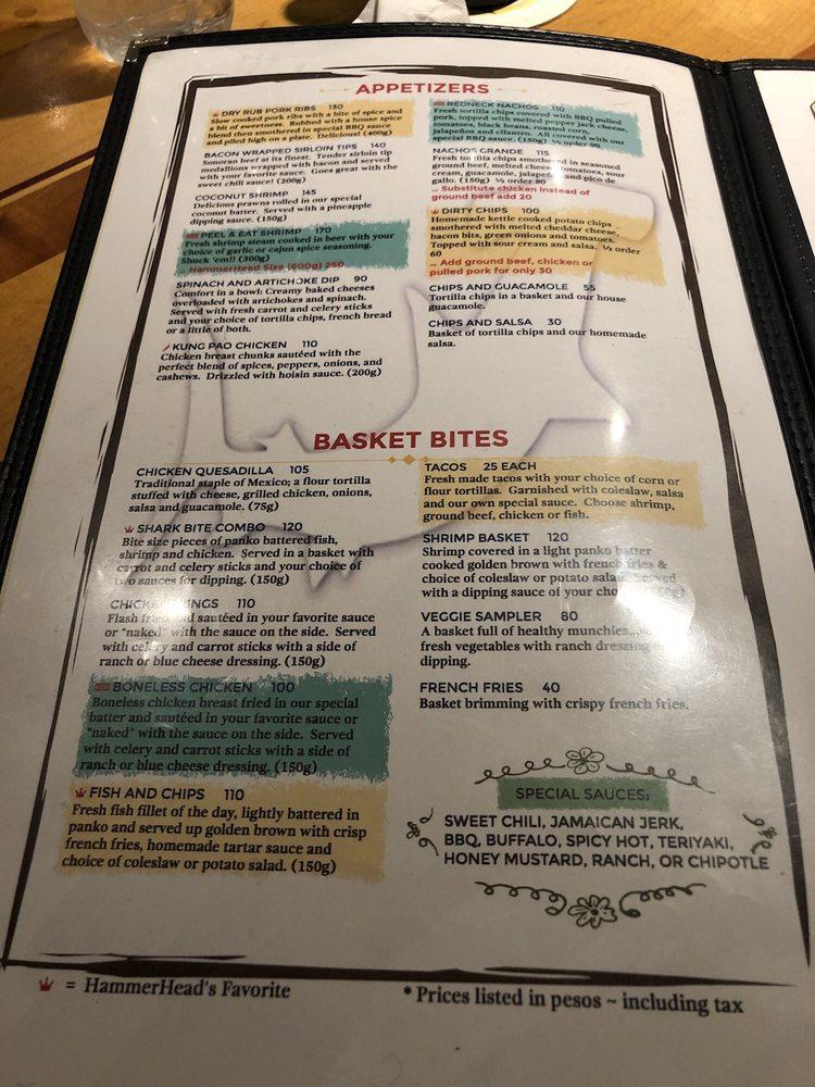 Menu at Hammerhead's pub & bar, San Carlos