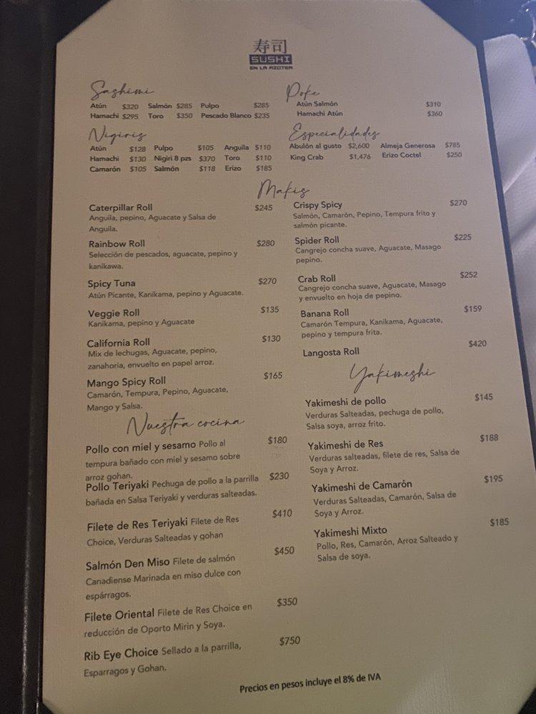 Menu at Sushi En La Azotea restaurant, Tijuana