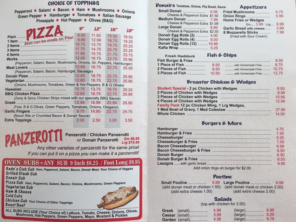 Menu at Redo's Pizza Donair & Grill - Yarmouth pizzeria, Yarmouth