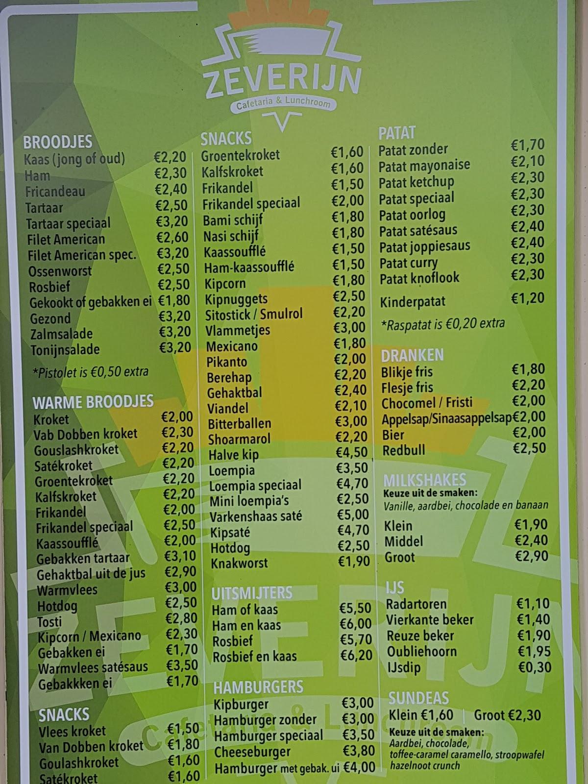 Menu at Snackbar Zeverijn, Hilversum